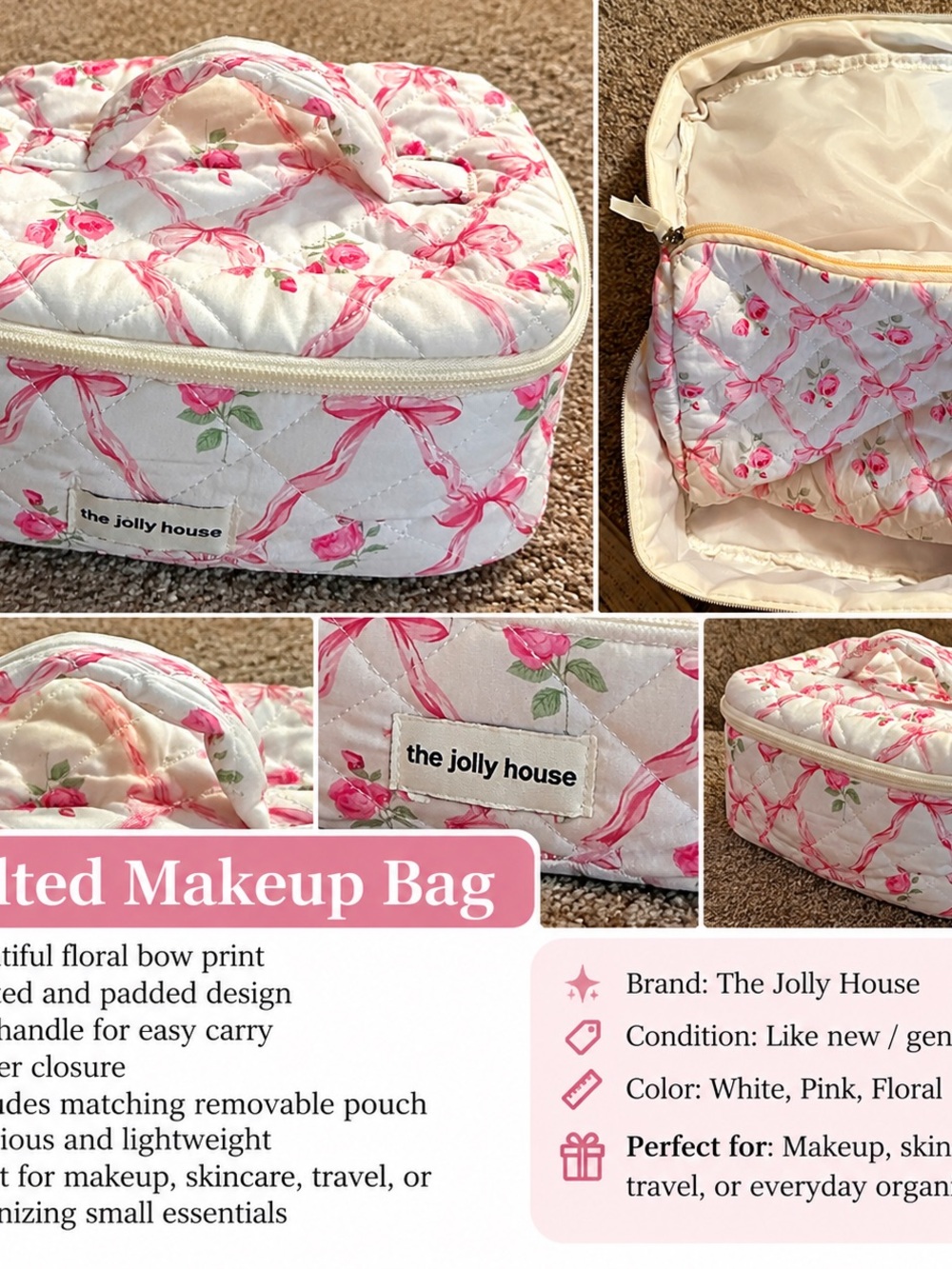 Quilted Floral Cosmetic Bag - Pink & White